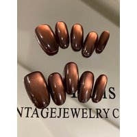 10Pcs Press on Nails Short Brown Cat Eyes Fake Nails Includes 1 Sheet Adhesive Tabs & 1 Pc Mini File