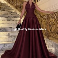 Evening Dresses Halter Deep V Satin Long Gown Ruched Waist A Line Train Formal Dress Wedding Guest Party Customized 