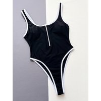 sexy zipper black white patchwork swimsuit one piece thong Bikinis Swimwear Swimsuits beach outfits bodysuit biquini tankini