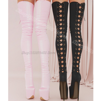 Pink Lace up Sexy Over Knee Boots Round Toe Platform Stiletto British Style Women Party Dress Fashion Boots Zapatos Para Mujere