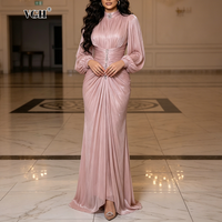 VGH Luxurious Shimmer Solid High Neck Ruched Maxi Gown for Women Long Sleeve Rhinestone Accent Mermaid Skirt for Annual Dinner