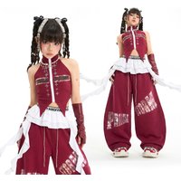 Girls Street Dance Kpop Clothing Crop Tops Baggy Hip Hop Pants Wine Red Set Jazz Dance Clothes Group Stage Performance Costume