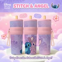 1pc 25oz Disney Stitch & Angel Stainless Steel Tumbler Insulated Travel Mug with Straw Hanging Rope Pink Coffee Cup for Fans
