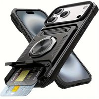 for iPhone 17 16 15 14 13 11 Pro Max Plus Resistant Heavy Duty Hard Case with Metal Holder and Hidden Dual Card Slot