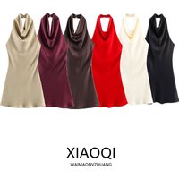 Silk Satin Texture Summer New Women's Dress Hanging Neck Collar Gown Soft A-Line Skirt High Waist Pure Color Thin Model