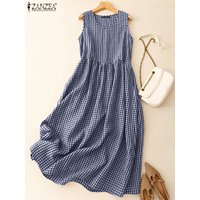 ZANZEA Summer Fashion O Neck Sleeveless Midi Sundress Vintage Checked Dresses Women Vintage Holiday Beach Vestidos Baggy Dresses