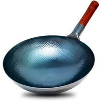 Traditional Handmade Iron Wok Real Hammer Wok Traditional Carbon Steel Pow Wok with Wooden and Steel Helper Handle, Round Bottom