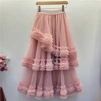 Women Long Skirt Asymmetrical Tulle Tiered Fluffy Mesh Skirts Ruffles Elastic Waist Female 2026 Spring Summer Party Prom A Line