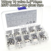100Pcs/Box 10 Value 3.6*10mm 250V Double Iron Cap Axial Glass Fuse Kit with Conductors 0.5A 1A 2A 3A 3.15A 4A 5A 6.3A 8A 10A