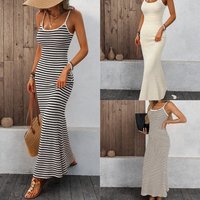 Striped Spaghetti Strap Slim Mermaid Maxi Dress For Women, Casual Knit Bodycon Vacation Tank Dress