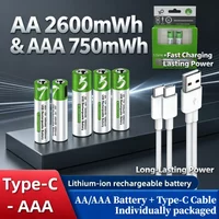 1.5V AA AAA USB Rechargeable Li-ion Batteries AA 2600mWh & AAA 750mWh Type-C Cable Charging for Mouse Clock Shaver Hermometer