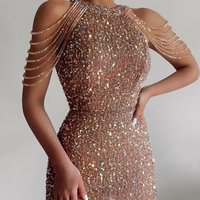 Neck Sexy Crystal Fringed Hip Sequined Dress Mid Waist Evening Dress 2025 Spring And Summer New Fashion High Street Women's Clot