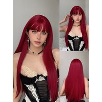 Lange weinrote gerade Perücken für Frauen, Kunsthaar-Perücke mit Pony, tägliche Party, natürliche Cosplay-hitzebeständige Perücke