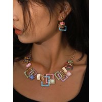 Fashion Boho Enamel Geometric Jewelry Set for Woman Accessories Treny Simple Neckalce and Earrings Set Daily Party Vacation Gift