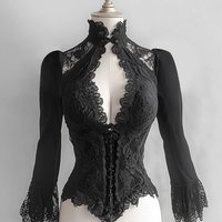 Vintage Gothic Lace Blouse for Women Sexy Turtleneck Deep V-Neck Long Bell Sleeves Slim Fit Elegant Top Fashionable Elegant Wear