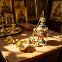 New Gold Plated Enamel Orthodox Thurible Incense Burner with Chain & Bells for Church Liturgy Blessing and Religious Ceremonies