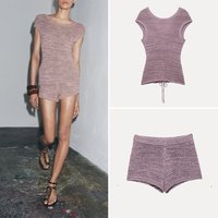 Z 2025 New Women's Knitted ort Sve round Ne Two-Piece Set Polyester Fiber ort Pants Faionable Casual Wear