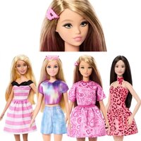 Original Barbie Fashionistas Doll Blond Hair Pink Paisley Outfit Platform Sandal Hair Clip Dress up Gift Toys Accessories
