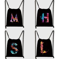 26 Initials Print Drawstring Bag Backpack Portable Lightweight Beach Sports Travel Bag Multifunctional Sundries Bag