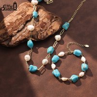 EFFIE QUEEN 925 Sterling Silver Blue Turquoise Chain Necklace for Women Summer Freshwater Pearls Choker Holiday Jewelry MPN11