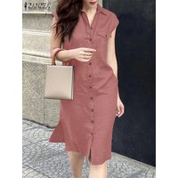 2025 Summer Dress ZANZEA Women Fashion Shirt Dress Elegant Lapel Neck Sleeveless Work OL Dresses Casual Solid Holiday Vestidos
