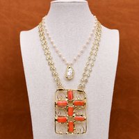 GG 2 Rows White Pearl Chain Coin Zirconia Chain Necklace Keshi Pearl Charm Double Coral Crucifix Pendant
