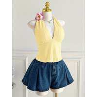 Plus Size Women's Ribbed Halter Cami Top V Neck Back Tie Bow Sleeveless Solid Crop Tank Top