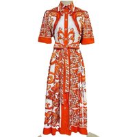 Catwalk summer women's blue and white porcelain printed short-sleeved long skirt with waist-shrinking and slim shirt dress