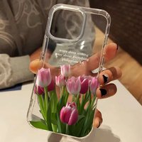 Pink Tulip Pattern Clear Phone Case For iPhone 11 12 13 14 15 16 17 Pro Max Air 15 Plus XS X XR Transparent Silicone Soft Cover