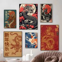 Asian Chinese Dragon Shadow Waves Poster art canvas HD aesthetic Printing Paper Wall Art for Living Room Bar fashion Home Decor