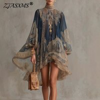 2026 Summer Women Bohemian Dress Sexy High Neck Puff Sleeve Vintage Print Loose Mini Dress Fashion Asymmetric Hem Vacation Dress