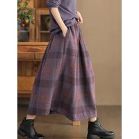 Women's Woolen A-Line Skirt Mid-Length Autumn Winter plus Size Conceals Belly High Waist Casual Style Checkered Pattern