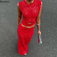 Sexy Hook Flower Hollow Lace Sets Women's Crew Neck Crop Tops+Fishtail Skirt 2-piece Sets Spring Summer Elegant Slim Ladies Suit