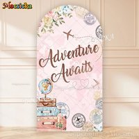 Mocsicka Adventure Wait Girl Baby Show Arch Backdrop Photography Suitcase Floral Pink Background Newborn Birthday Photo Studio