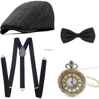 1920s Men's Accessories Mafia Gatsby Including Panama Hat Adjustable Elastic Braces Men's Neck Bow Tie and Vintage Pocket Watch