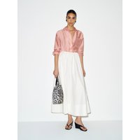 White Cotton Feel A-Line Midi Skirt Women's Summer Waist Cinched Full Length Dressy Skirts by Returnself/Guiji