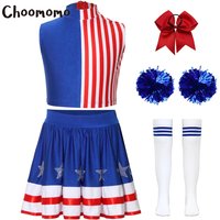 July 4th Independence Day Stars Costume School Girls Cheerleading Costume Cheerleader Color Block Striped Crop Top with Skirt