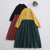 Japanese Mori Girl Vintage Floral Printed Patchwork Brushed Cotton Dress Women Spring Stand Collar Long Sleeve Casual Dresses