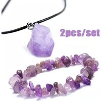 2Pcs Natural Raw Amethyst Crystal Jewelry Set, Irregular Purple Quartz Pendant Necklace & Chip Beaded Bracelet, Healing Witchy S