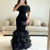 Flechazo Tulle Off the Shoulder Evening Dress with Pleat and Tiered Mermaid Floor Length Short Sleeve Party Customized Gown