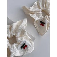 White Eyelet Scrunchies with Cherry Embroidery, Bow Hair Ties, Cute Girl Hair Accessories, Ideal for Ponytails