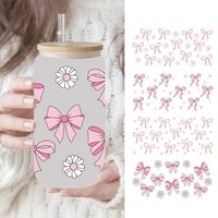 New Waterproof UV DTF Transfer Sticker Clear Smooth Pink Bow Decals Water Bottles Sticker For 16Oz Glass Cup