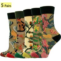 5 Pairs/Set France Hipster Design Glass Silk Floral Bird Funny Socks Women Transparent Art Ankle Socks Jacquard
