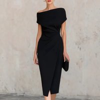 One Shoulder Ruched Midi Dress Women Elegant Cocktail Party Gown Slim Fit Evening Wear Asymmetrical Neckline