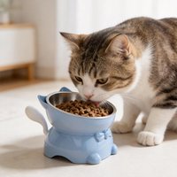 Cute Ear Elevated Tilted Stainless Steel Cat Bowl, Raised Neck Protection Anti Vomiting Pet Feeder Dish, Non-Slip Base Bowl