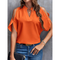 Elegant V-Neck Women's Short-Sleeve Shirt - Solid Color, Notched Collar, Loose European & American Style Versatile Top