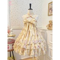 Coquette Vintage Yellow Floral Lolita JSK Women Cute Big Bow Tiered Ruffle Jumper Skirt Japanese Sweet Harajuku Party Dress
