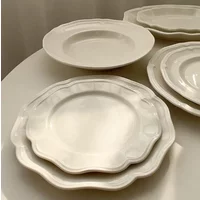 Livetai French Retro Style White Embossed Ceramic Plate with Lace Trim, Restaurant Display Tableware for Dining Serving