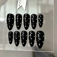 10PCS Black Cool Handmade Press on Nails Long-length Almond Women False Nails Wearable Reusable Art Elegant Press-ons Ball Steel