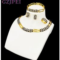 GZJPEI Elegant Women Jewelry Set Black Enamel Necklace Earrings Bracelet Ring With White Zircon For Bridal Wedding Gift